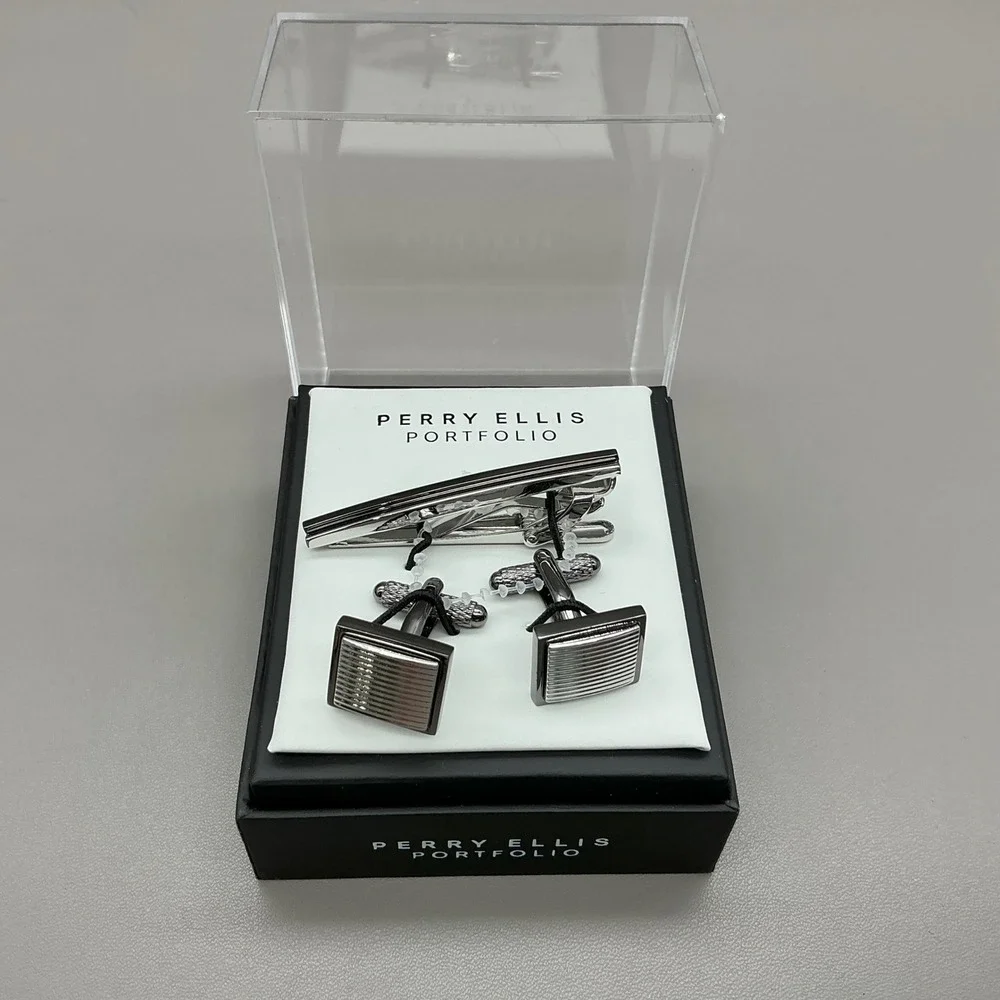 Perry Ellis Cufflinks Tie Bar Set Silver Tone Striped Formal Gift Box